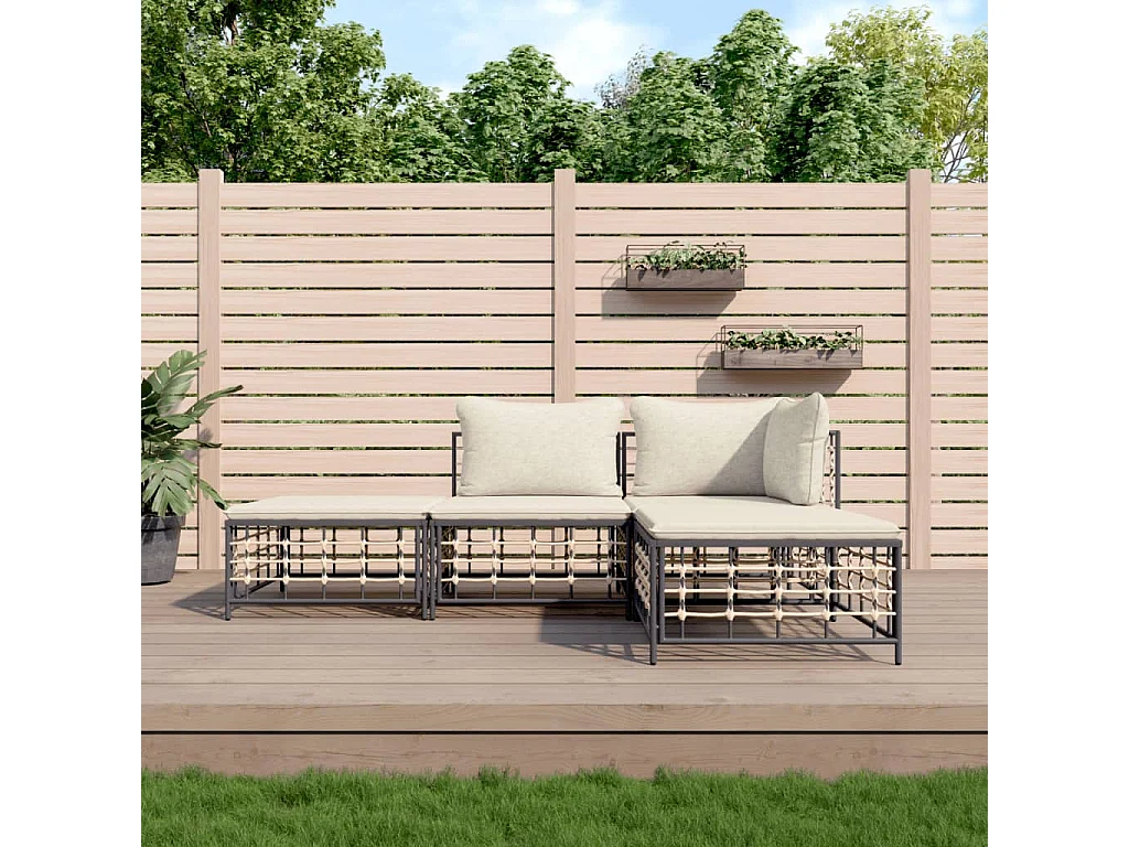 4-delige Loungeset met kussens poly rattan antracietkleurig