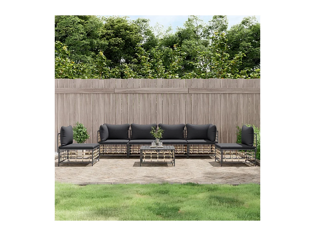 Salon de jardin 7 pcs avec coussins anthracite résine tressée