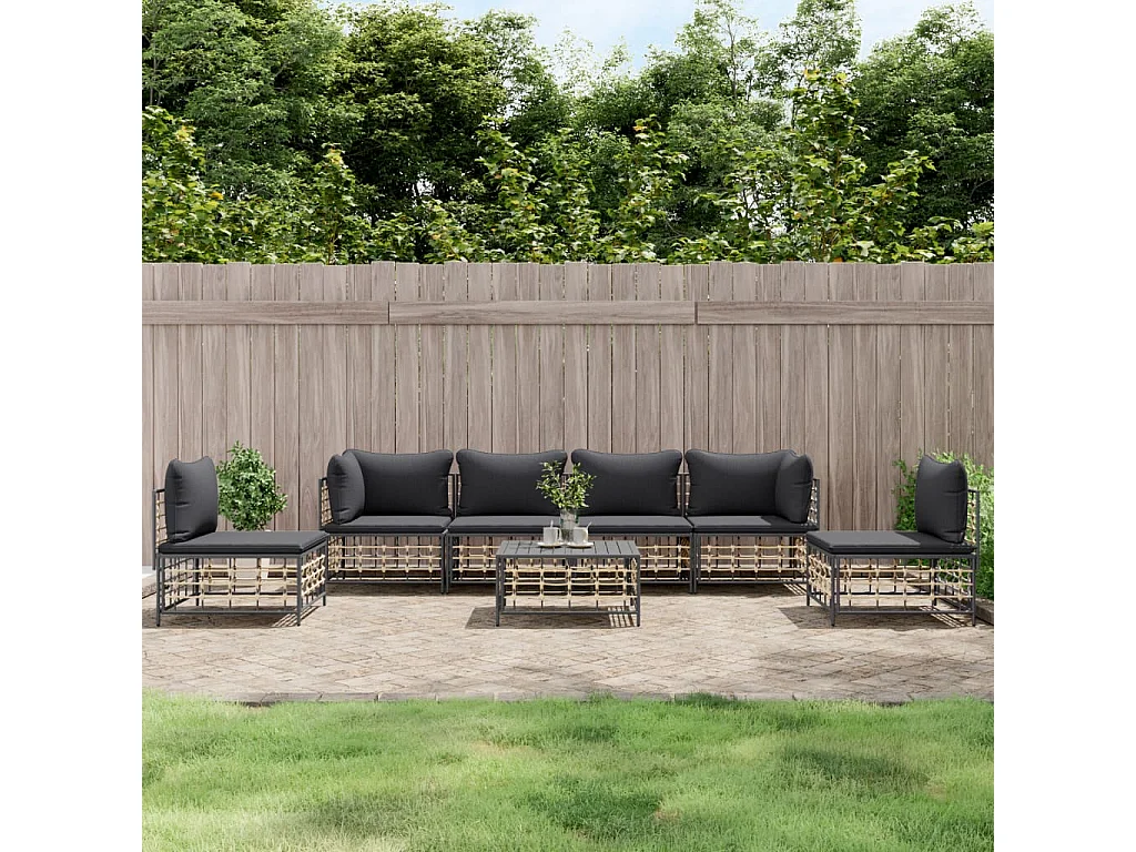 Salon de jardin 7 pcs avec coussins anthracite résine tressée