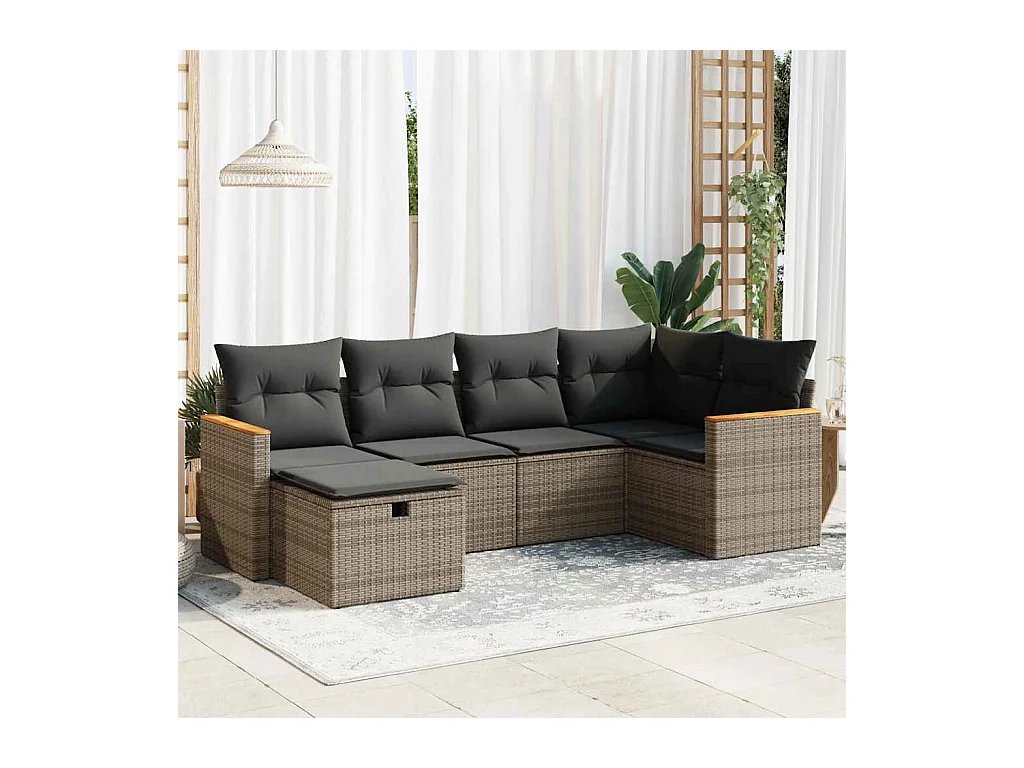 6-delige Loungeset met kussens poly rattan grijs