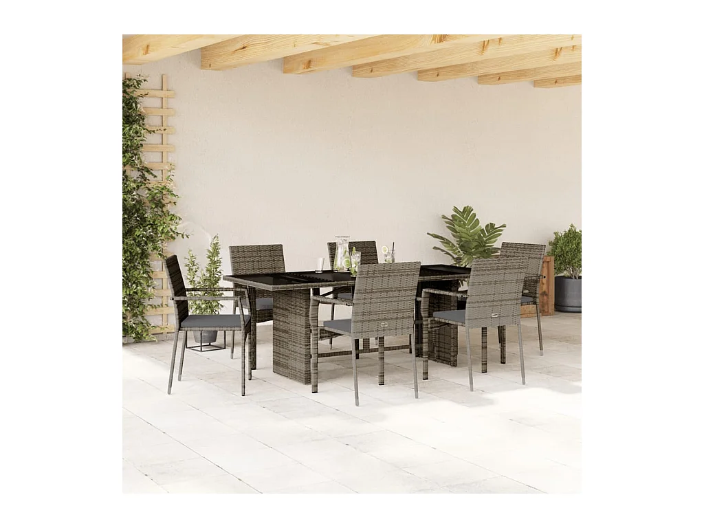 Ensemble à manger de jardin et coussins 7 pcs gris rotin