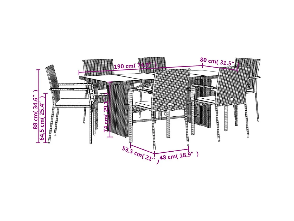 Ensemble à manger de jardin et coussins 7 pcs gris rotin