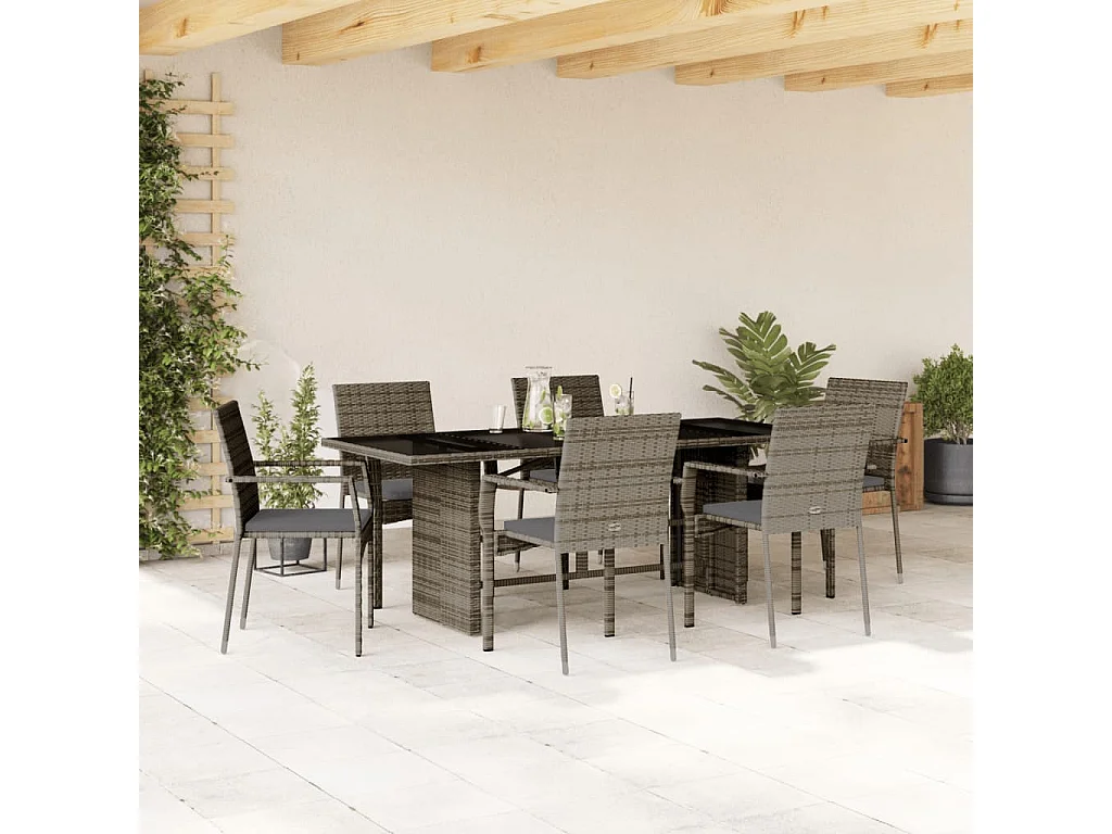 7-tlg. Garten-Essgruppe mit Kissen Grau Poly Rattan