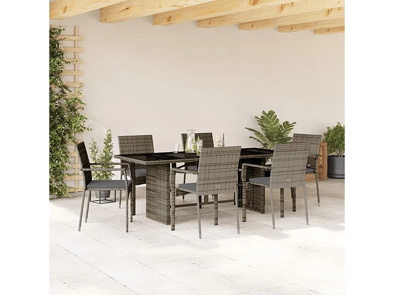 Set da Pranzo da Giardino 7 pz con Cuscini in Polyrattan Grigio