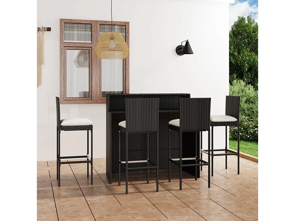 5 pcs conjunto de bar para jardim com almofadões preto