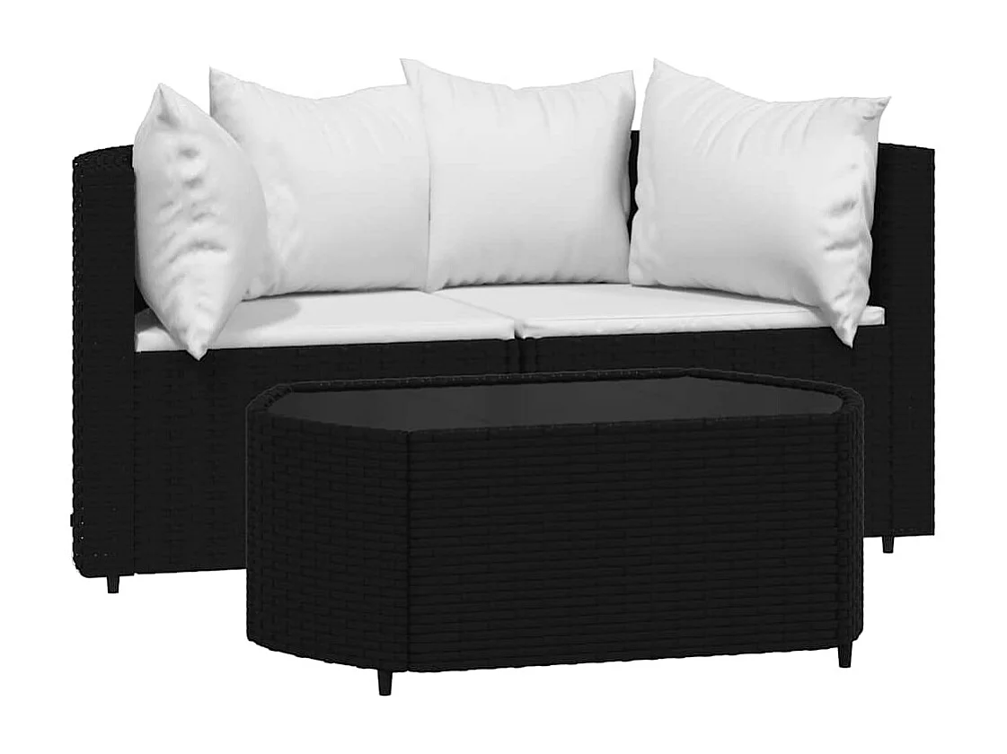 Set de muebles de jardín 3 pzas y cojines ratán sintético negro