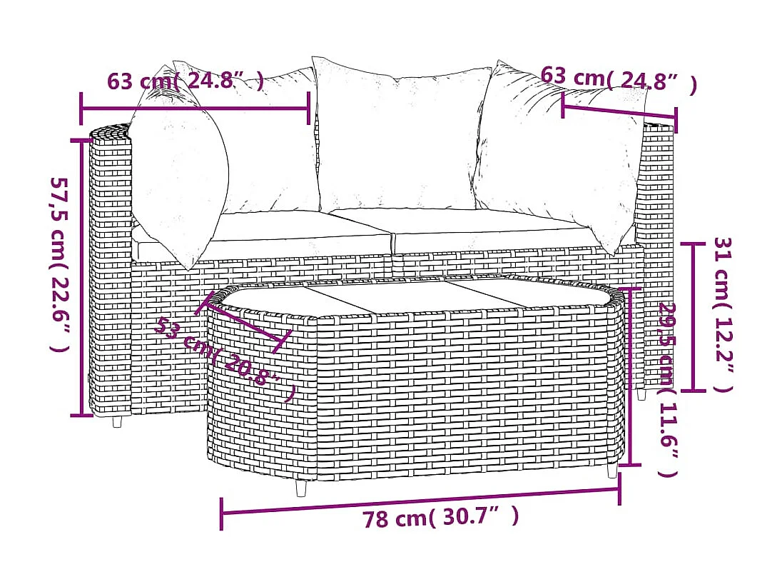 Set de muebles de jardín 3 pzas y cojines ratán sintético negro