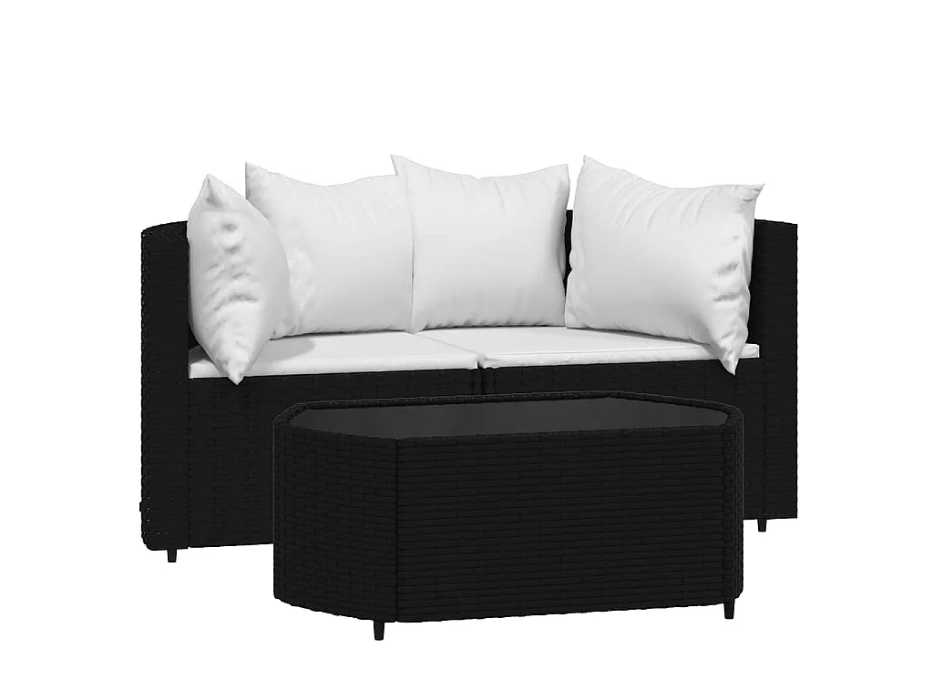Set Divani da Giardino 3 pz con Cuscini Nero in Polyrattan