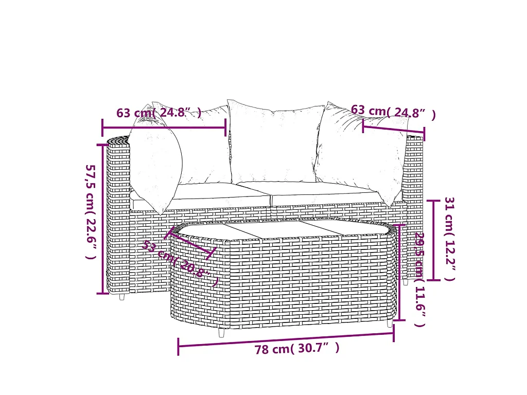 Set Divani da Giardino 3 pz con Cuscini Nero in Polyrattan