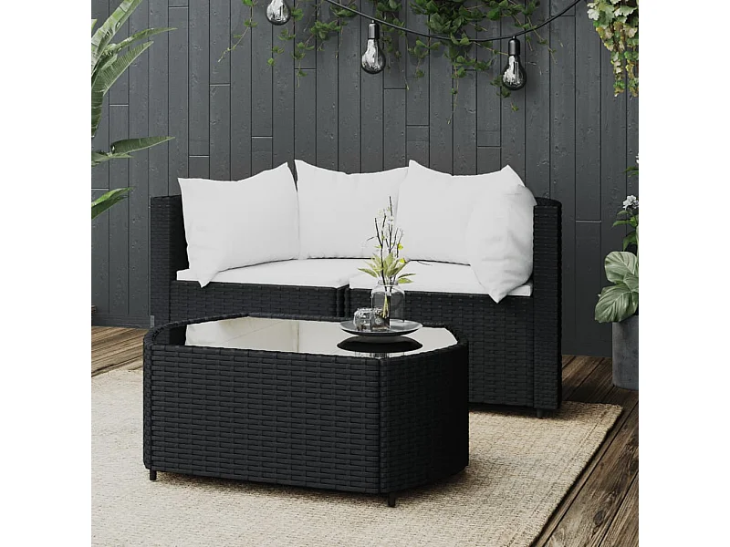 Salon de jardin 3 pcs avec coussins Noir Résine tressée