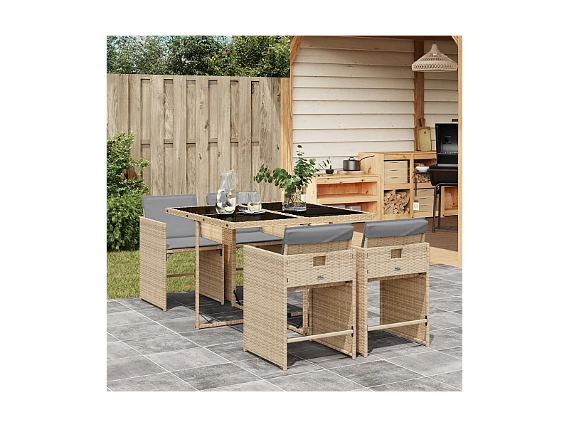 Set Pranzo da Giardino 5 pz con Cuscini Beige Misto Polyrattan