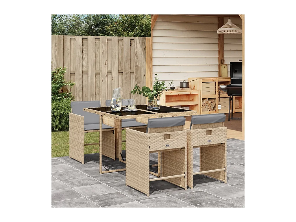 5-tlg. Garten-Essgruppe mit Kissen Beigemischung Poly Rattan