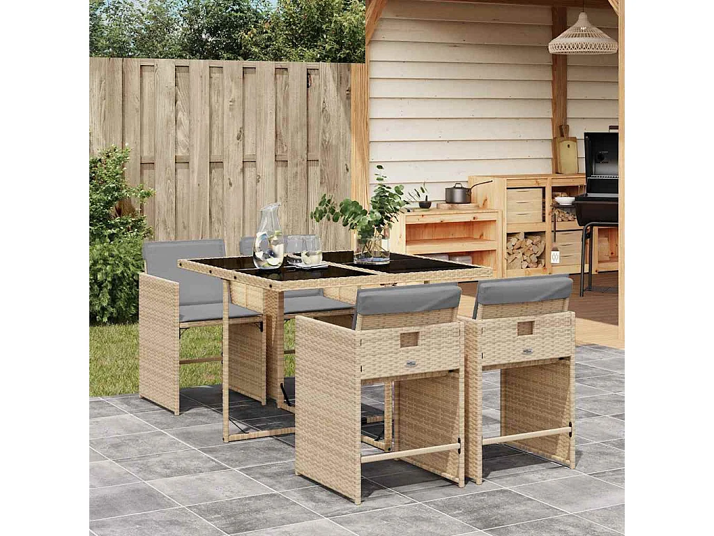 5-delige Tuinset met kussens poly rattan gemengd beige