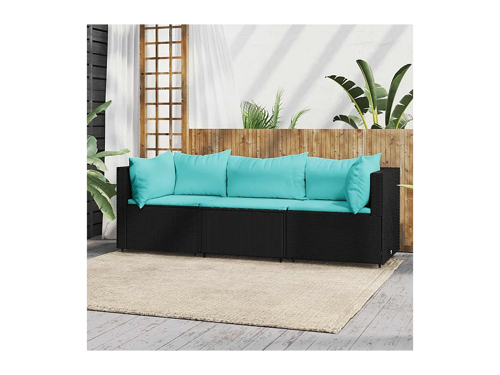 Salon de jardin 3 pcs avec coussins Noir Résine tressée