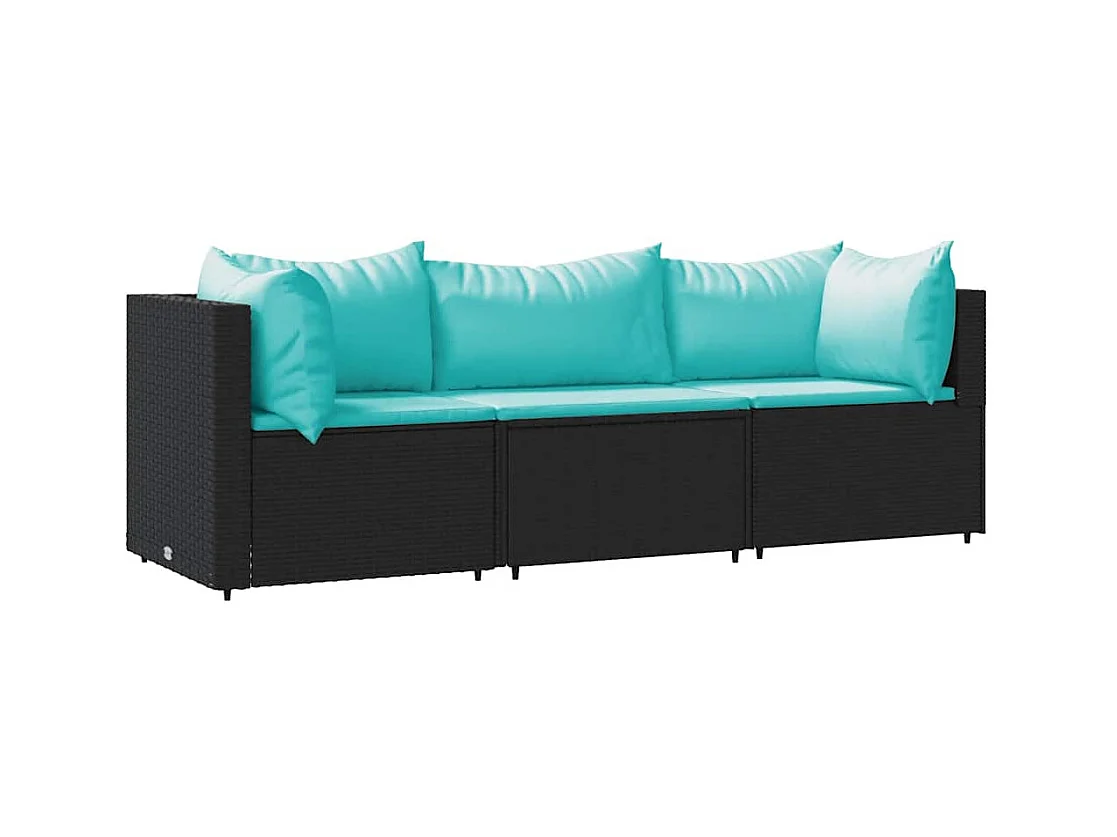 Salon de jardin 3 pcs avec coussins Noir Résine tressée