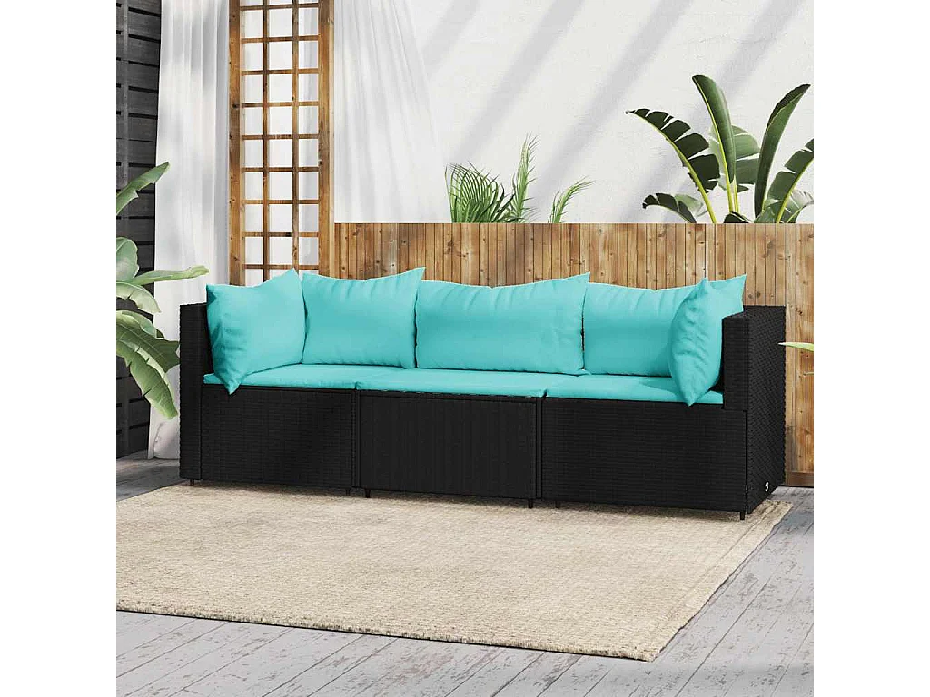 Salon de jardin 3 pcs avec coussins Noir Résine tressée