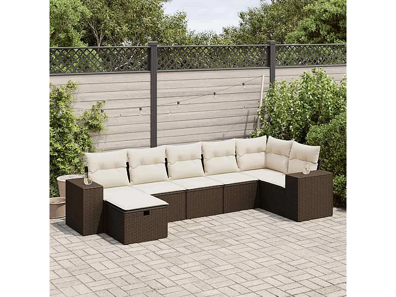 Set Divani da Giardino 7 pz con Cuscini Marrone in Polyrattan