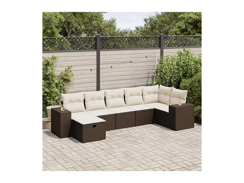 Set Divani da Giardino 7 pz con Cuscini Marrone in Polyrattan
