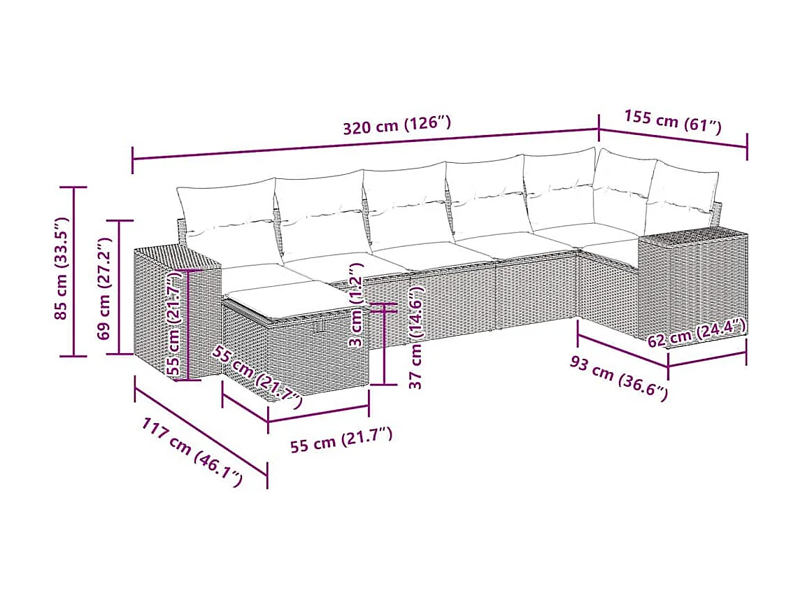 Salon de jardin avec coussins 7 pcs marron résine tressée