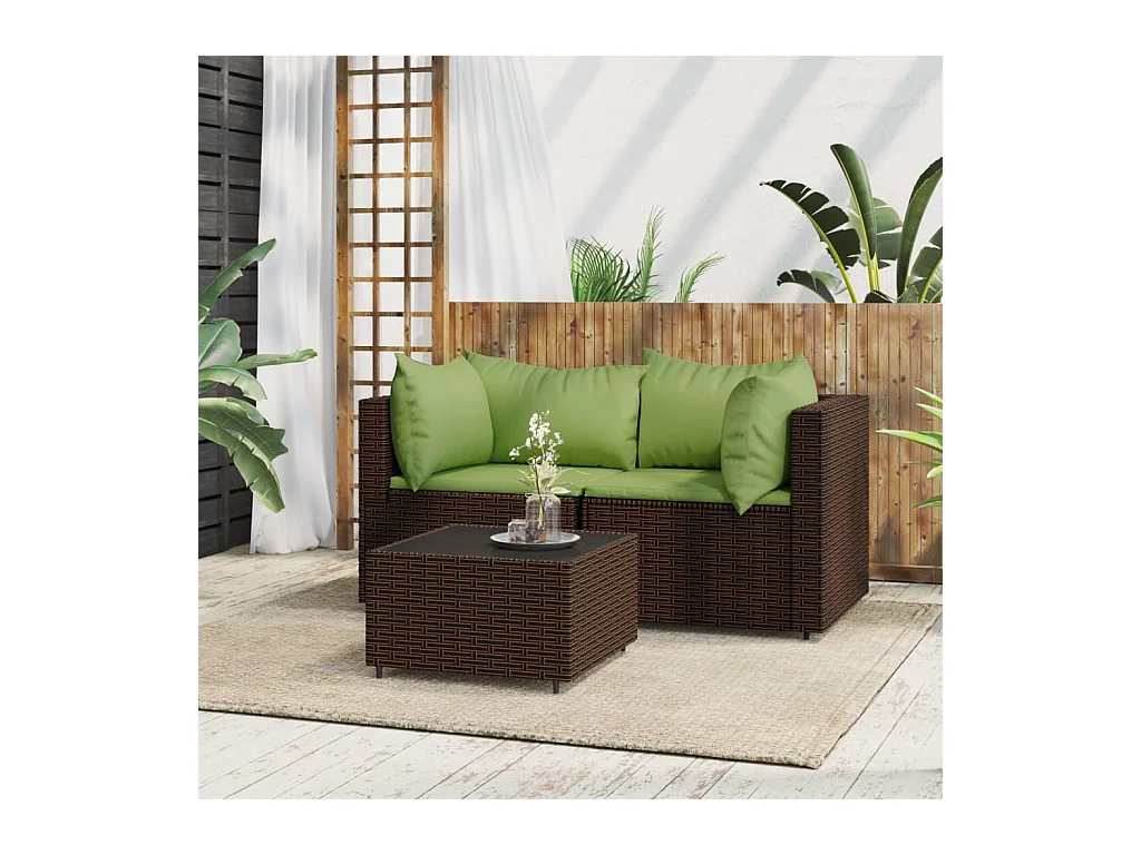 Salon de jardin 3 pcs avec coussins marron résine tressée