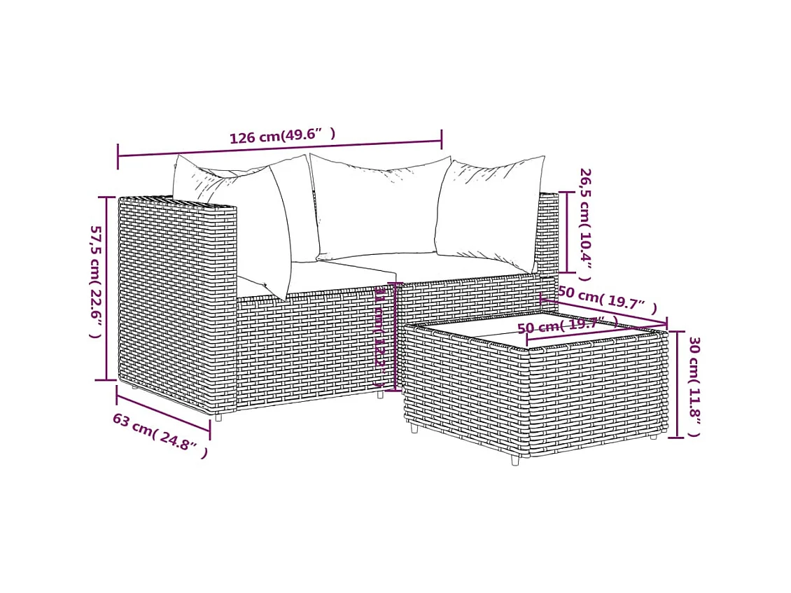 Salon de jardin 3 pcs avec coussins marron résine tressée