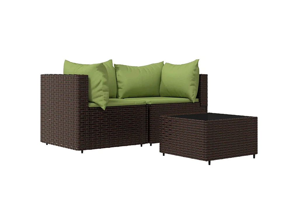 Set Mobili da Giardino 3 pz con Cuscini in Polyrattan Marrone