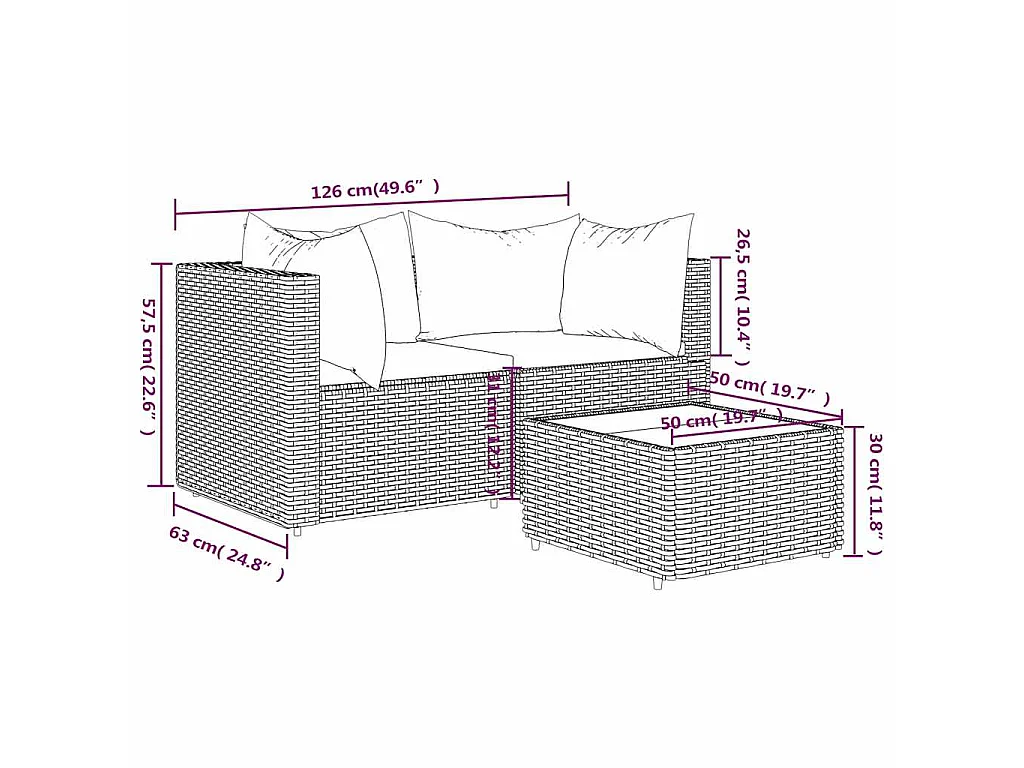 Set Mobili da Giardino 3 pz con Cuscini in Polyrattan Marrone