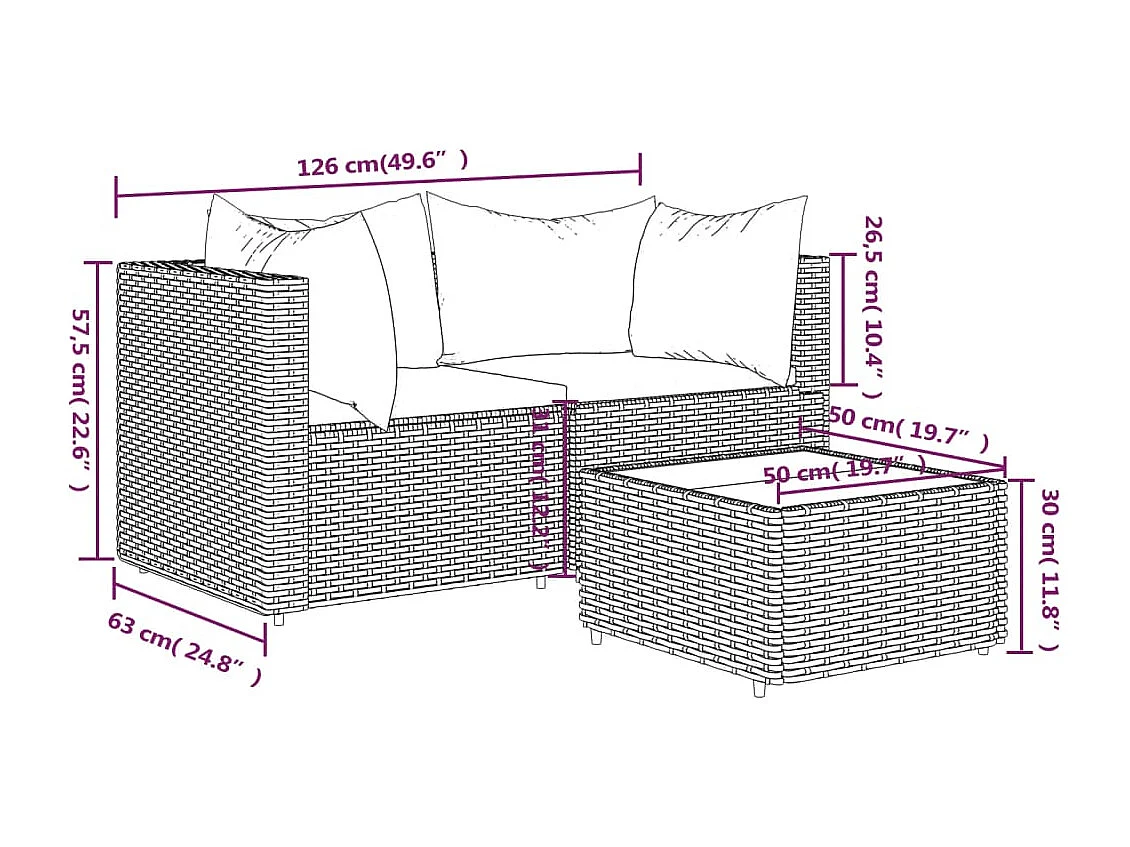 Set Mobili da Giardino 3 pz con Cuscini in Polyrattan Marrone