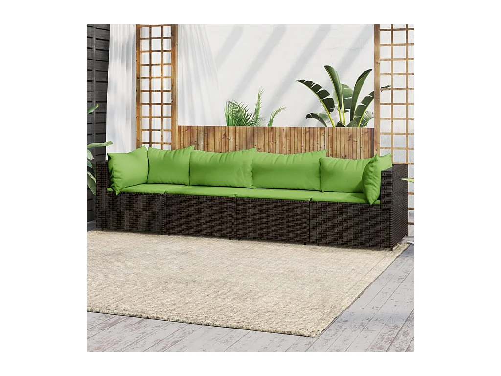 Salon de jardin 4 pcs avec coussins Marron Résine tressée