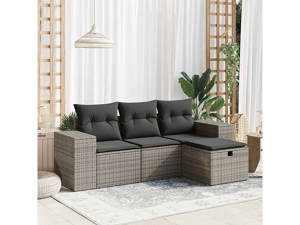 4-tlg. Garten-Sofagarnitur mit Kissen Grau Poly Rattan