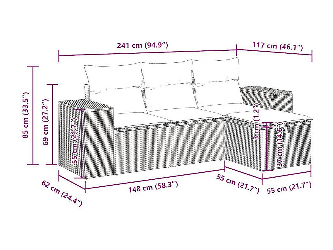 4-tlg. Garten-Sofagarnitur mit Kissen Grau Poly Rattan