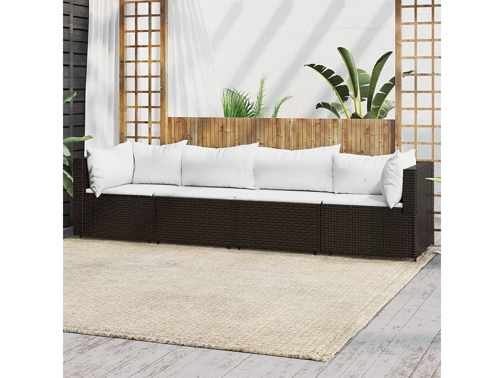 4 pcs conjunto lounge jardim c/ almofadões vime PE castanho