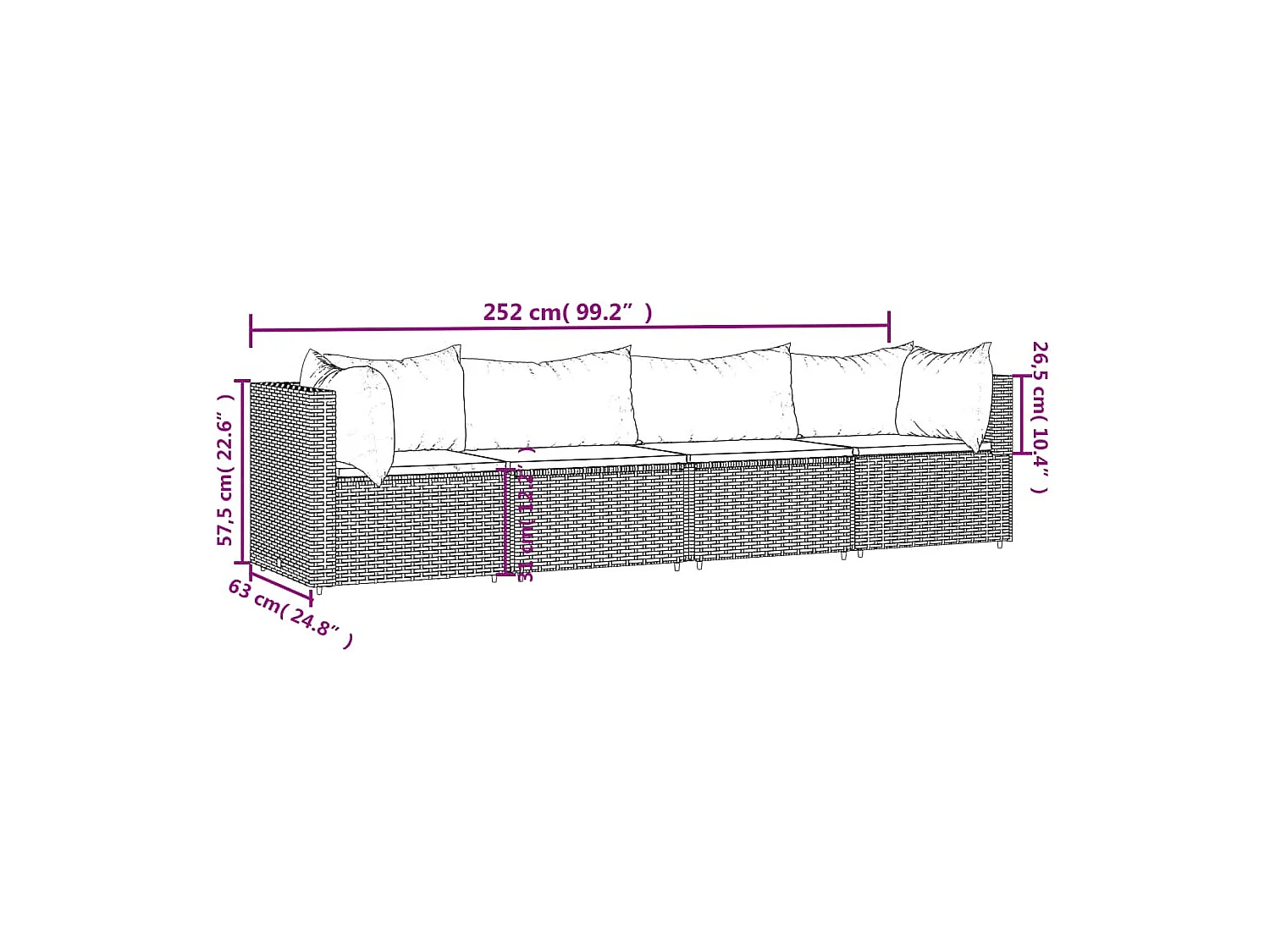 4 pcs conjunto lounge jardim c/ almofadões vime PE castanho