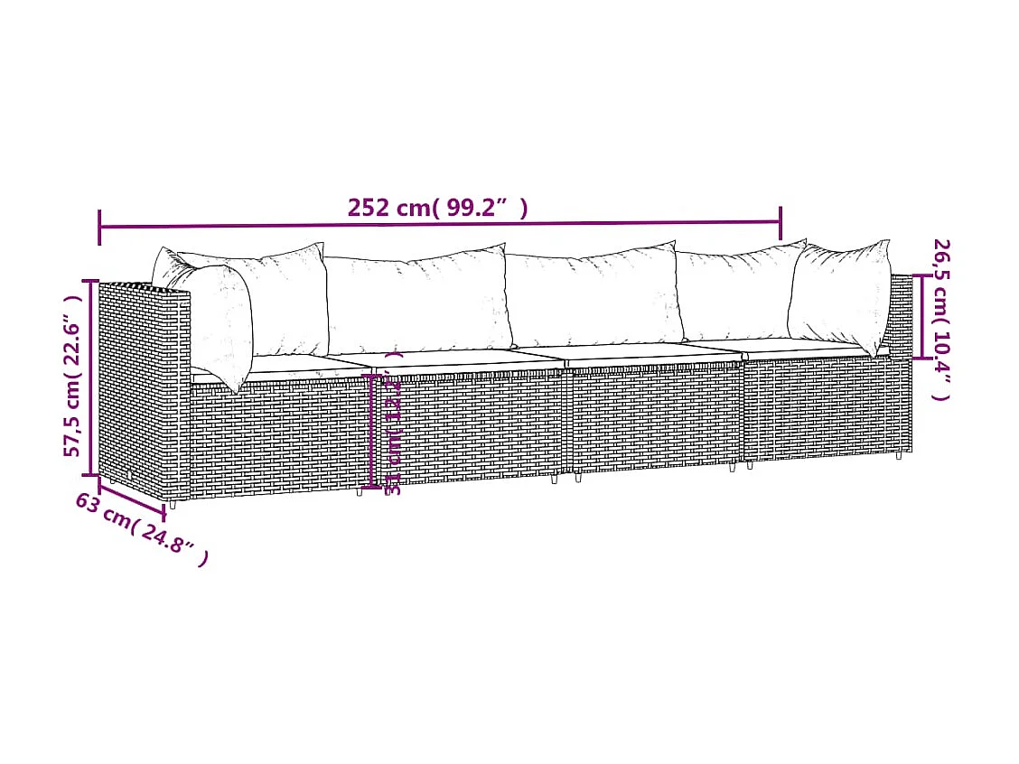 4 pcs conjunto lounge jardim c/ almofadões vime PE castanho