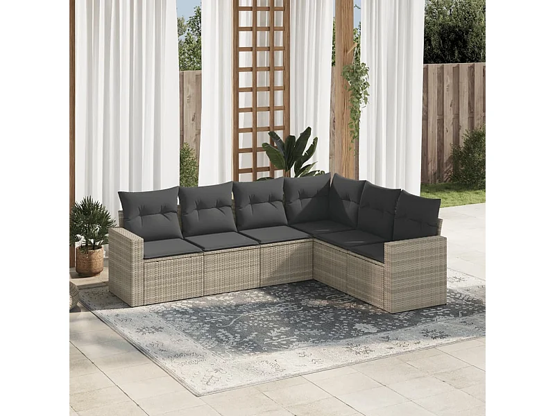 6-tlg. Garten-Sofagarnitur mit Kissen Hellgrau Poly Rattan