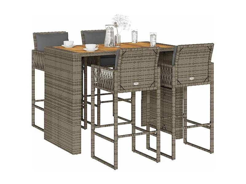 5-tlg. Gartenbar-Set mit Kissen Grau Poly Rattan Akazie