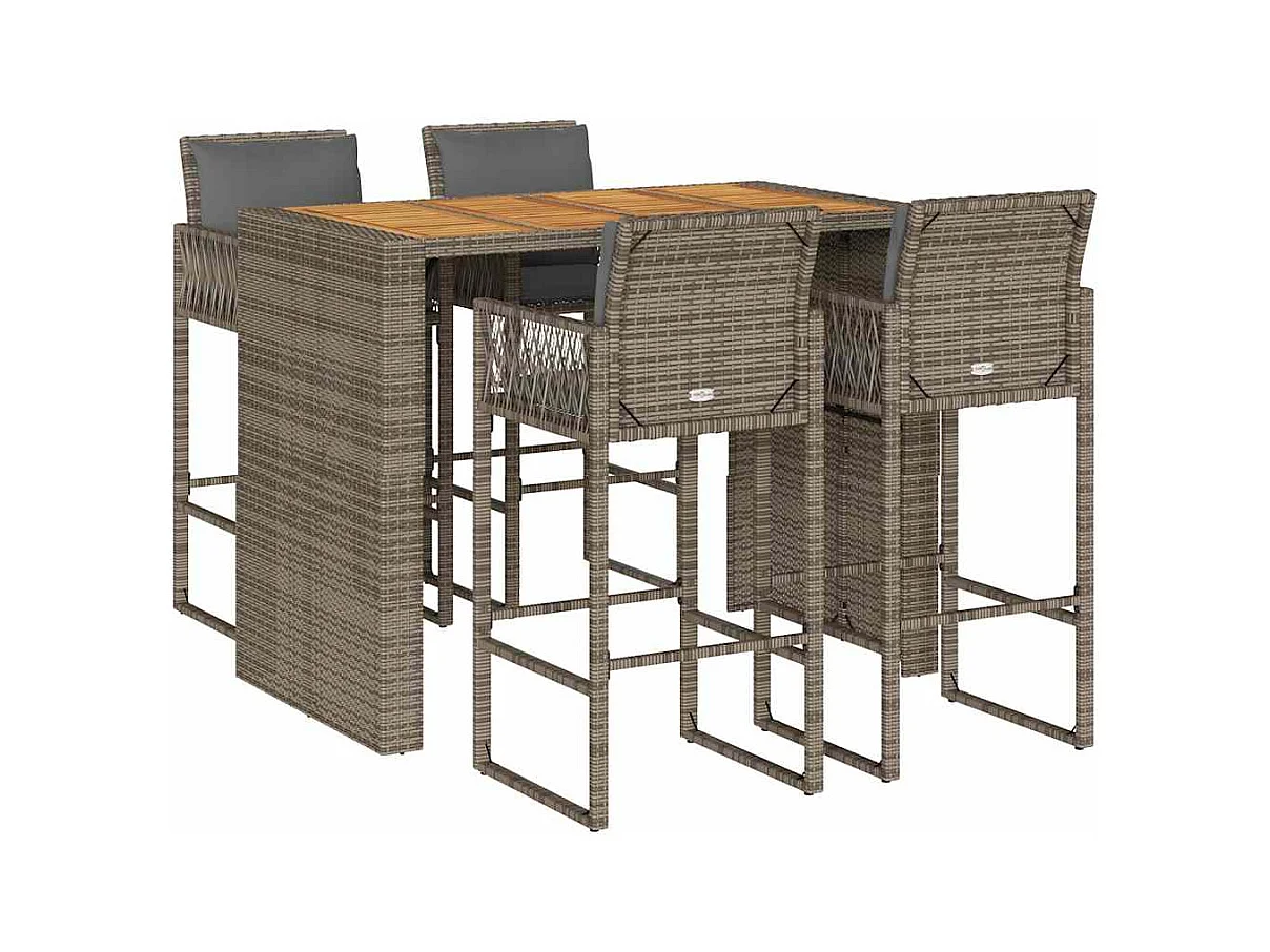 5-tlg. Gartenbar-Set mit Kissen Grau Poly Rattan Akazie