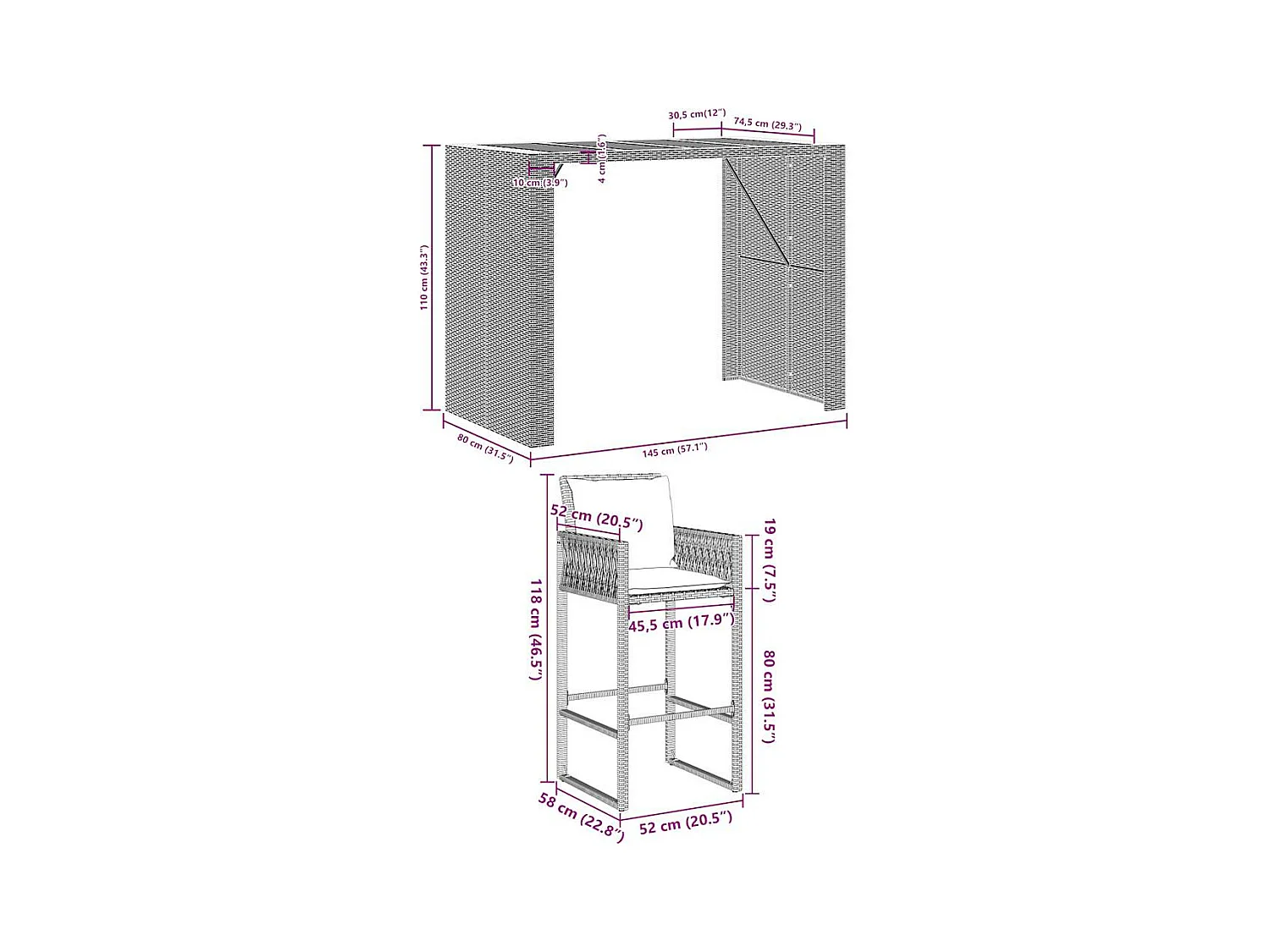 5-tlg. Gartenbar-Set mit Kissen Grau Poly Rattan Akazie