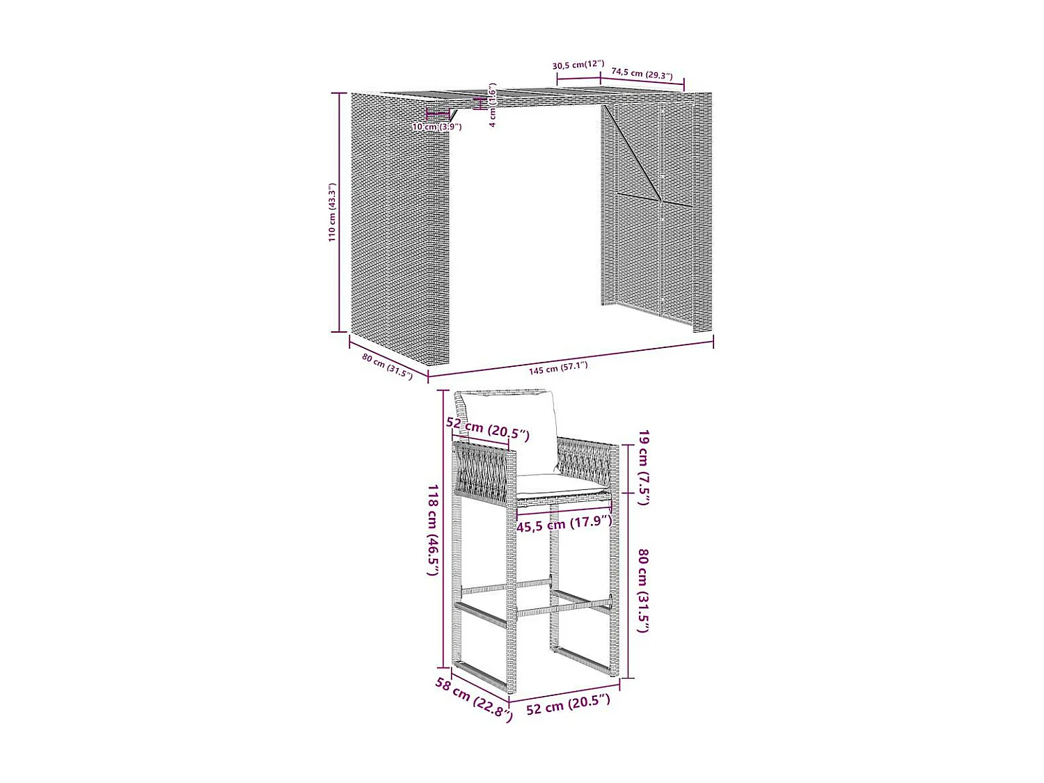Ensemble de bar de jardin 5 pcs avec coussins gris poly rotin