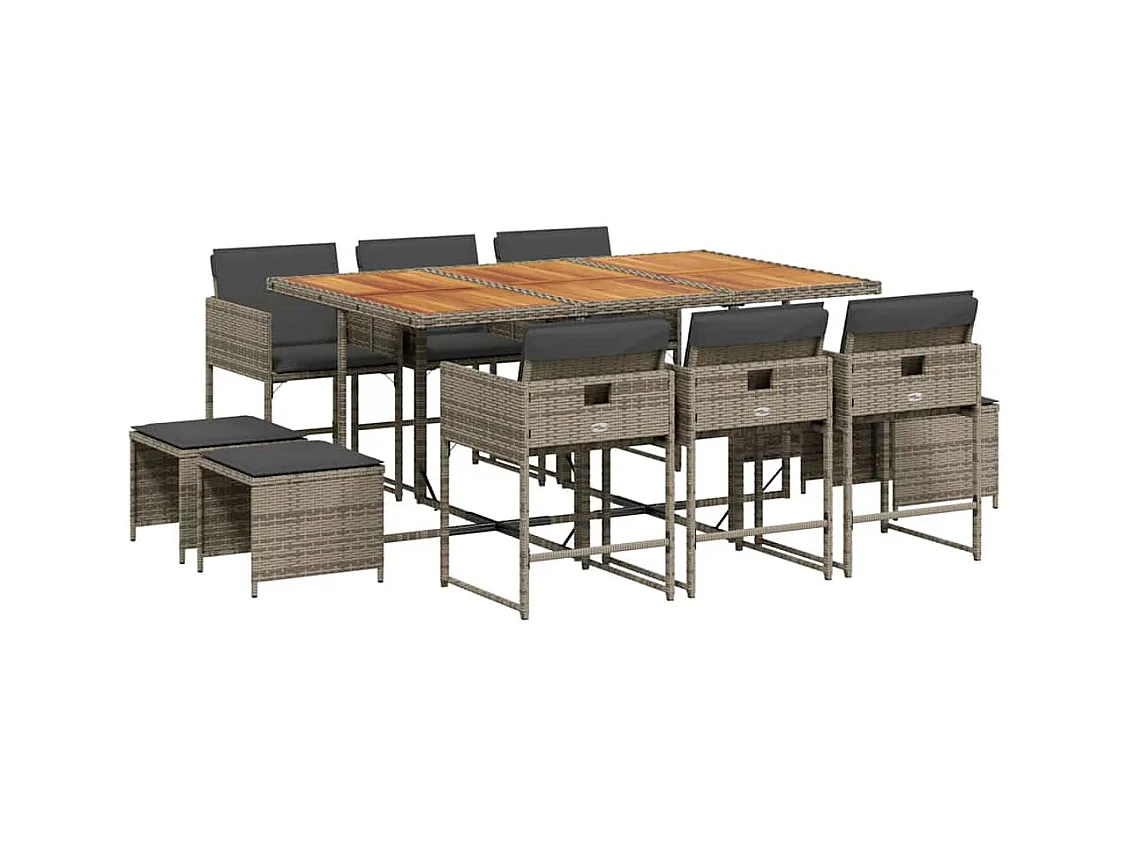 11-delige Tuinset met kussens poly rattan grijs