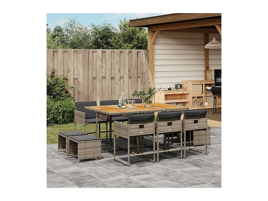 Ensemble à manger de jardin 11pcs avec coussins gris poly rotin