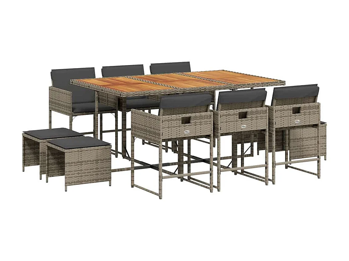 Set da Pranzo da Giardino 11pz con Cuscini in Polyrattan Grigio