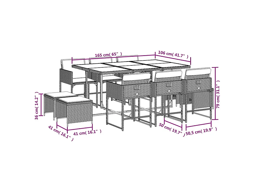 11-delige Tuinset met kussens poly rattan grijs