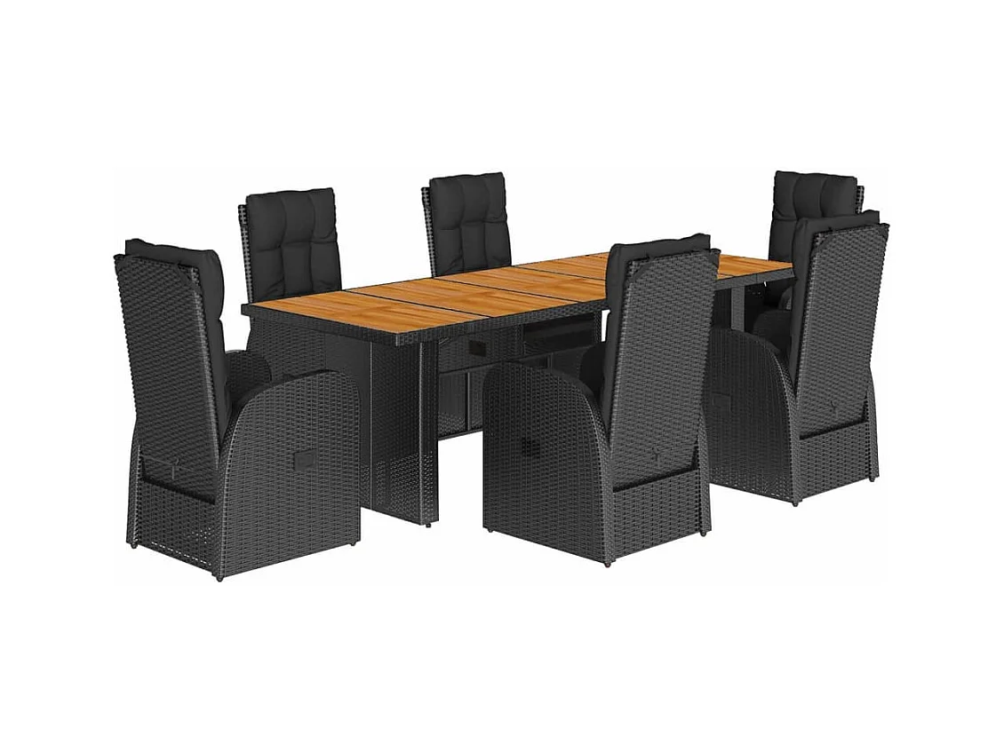 7-tlg. Garten-Essgruppe mit Kissen Schwarz Poly Rattan