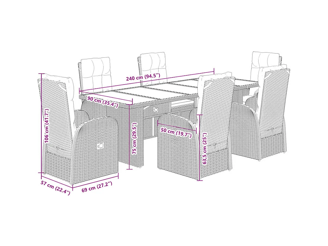 7-tlg. Garten-Essgruppe mit Kissen Schwarz Poly Rattan