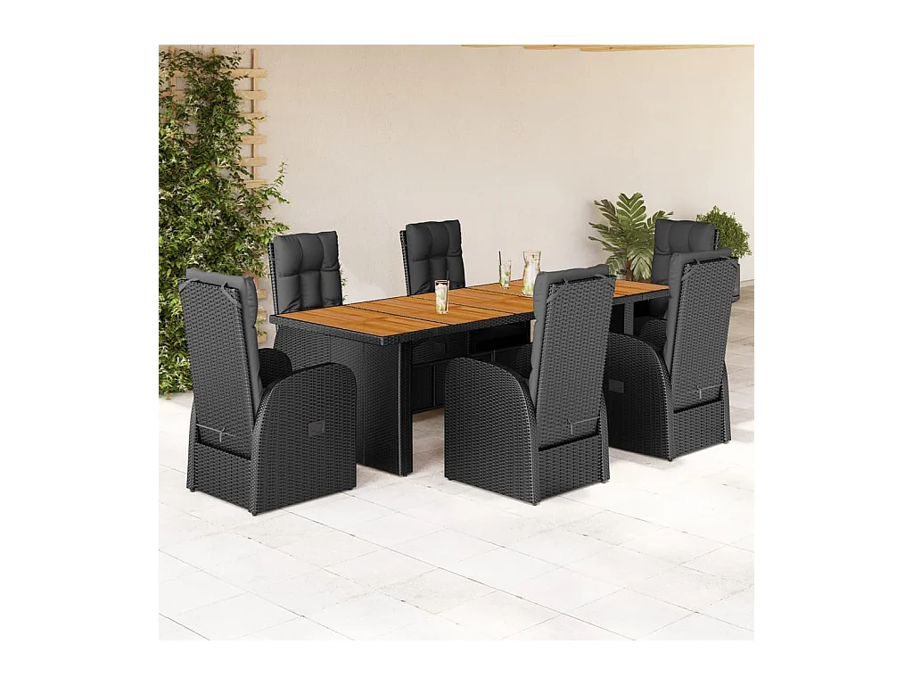 Ensemble à manger de jardin coussins 7 pcs noir résine tressée