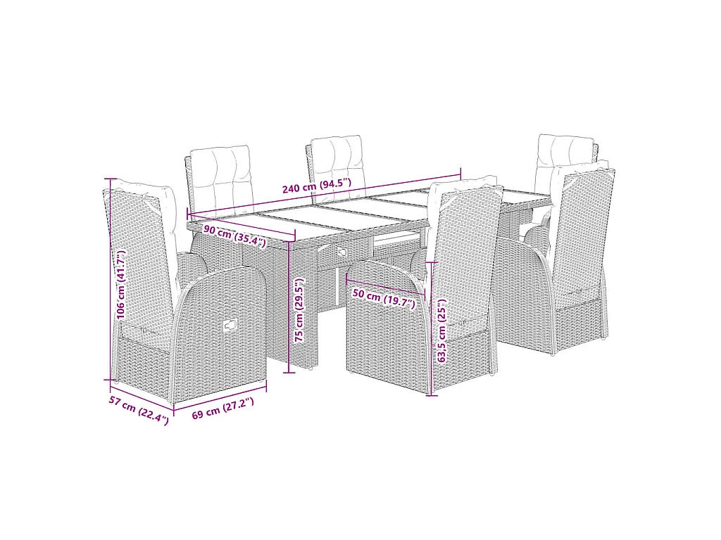 Set da Pranzo da Giardino 7 pz Nero con Cuscini in Polyrattan