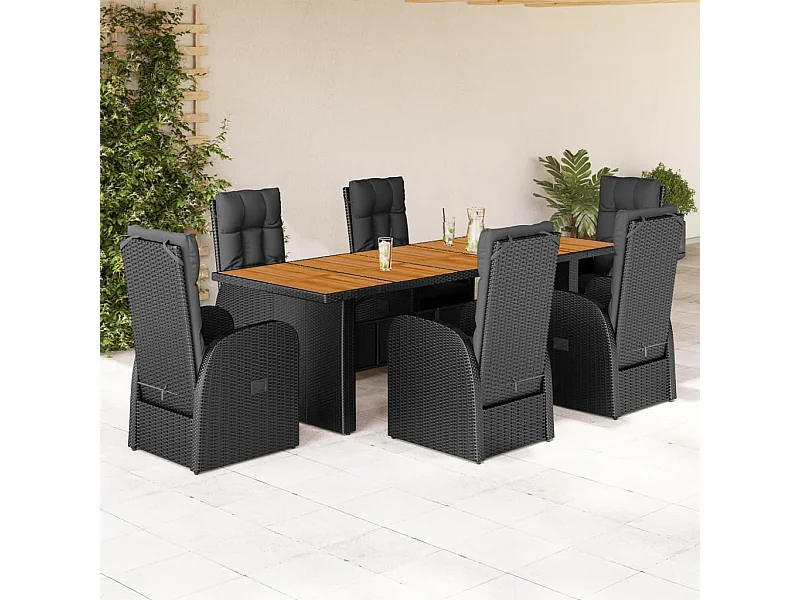 Set da Pranzo da Giardino 7 pz Nero con Cuscini in Polyrattan