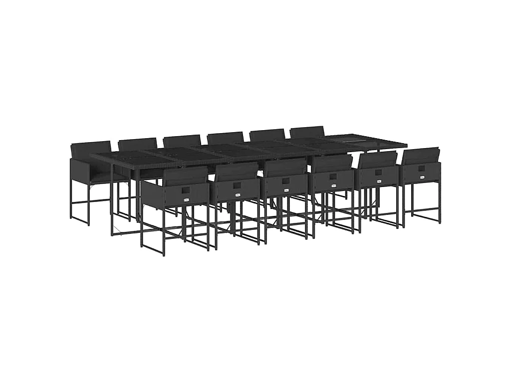 Set comedor de jardín con cojines 13 pzas ratán sintético negro