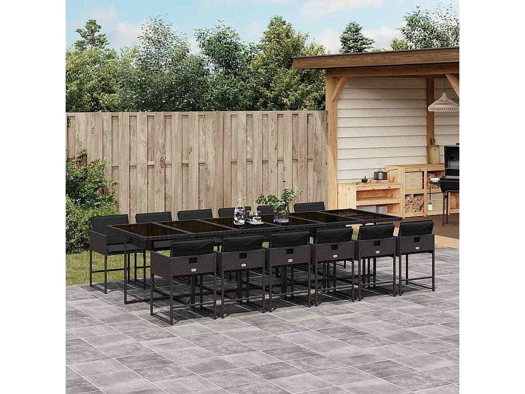 Set comedor de jardín con cojines 13 pzas ratán sintético negro